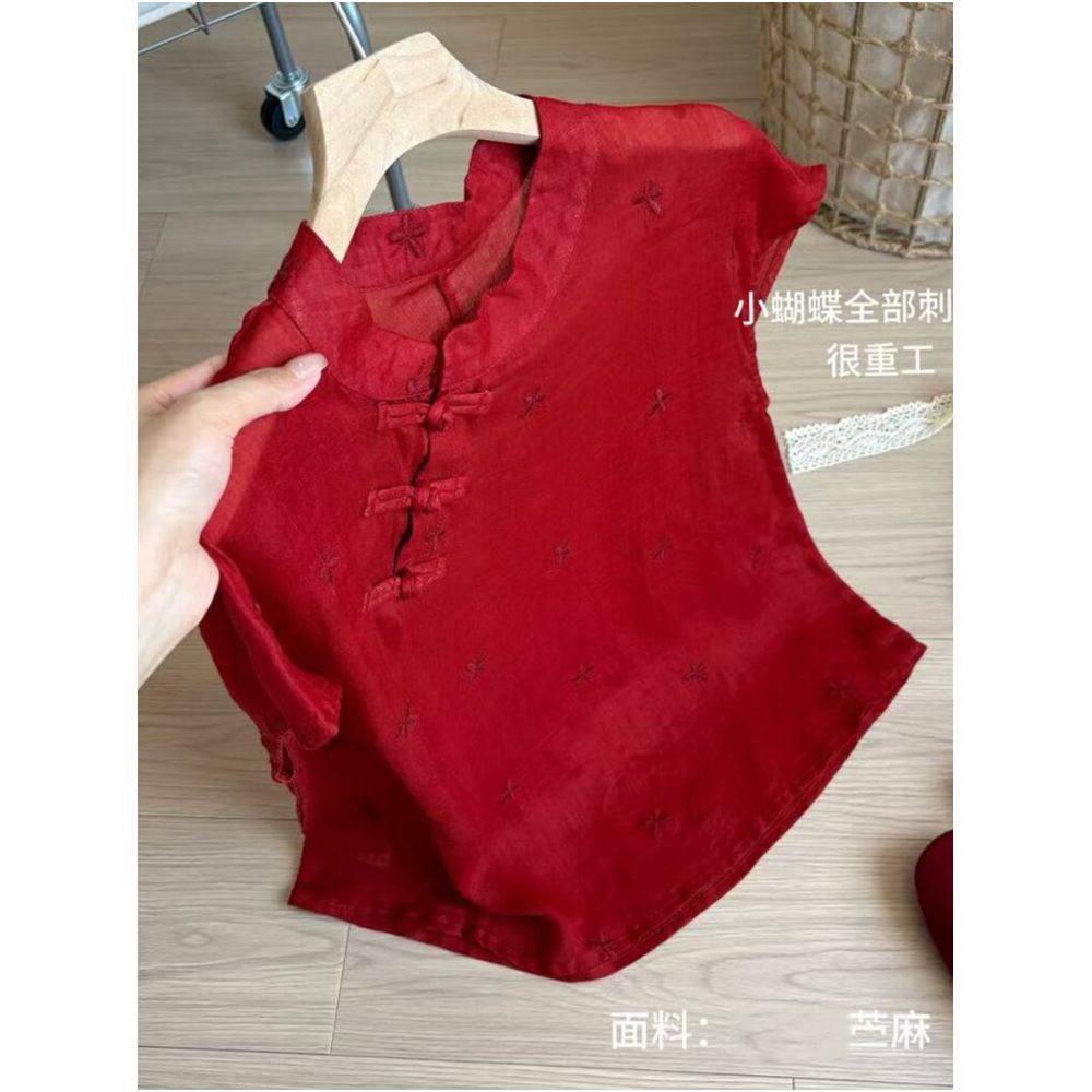 STUDIO celebrates today New Chinese style red buckle stand up collar shirt for women 2025 butterfly embroidery slimming top image 0