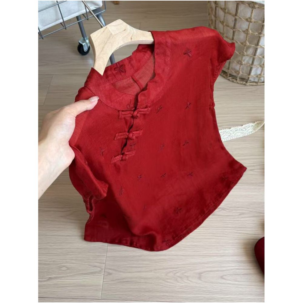 STUDIO celebrates today New Chinese style red buckle stand up collar shirt for women 2025 butterfly embroidery slimming top image 1