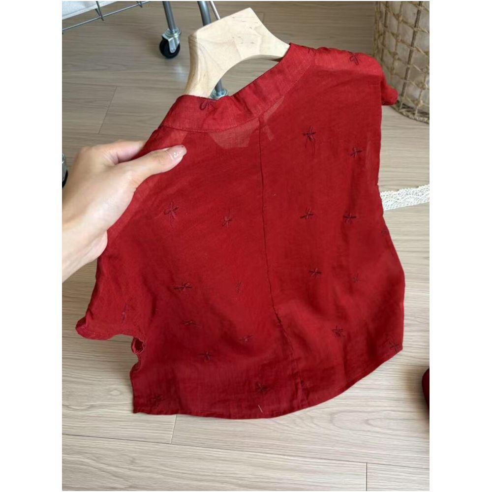 STUDIO celebrates today New Chinese style red buckle stand up collar shirt for women 2025 butterfly embroidery slimming top image 2
