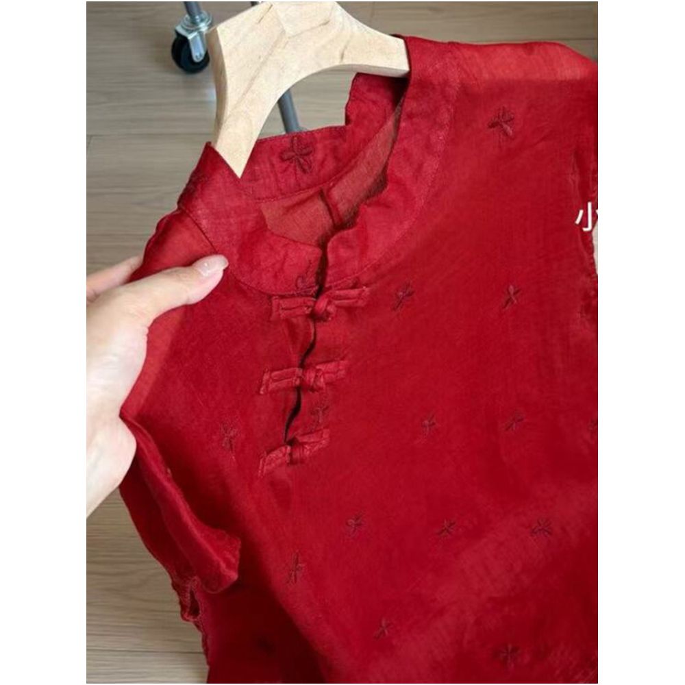 STUDIO celebrates today New Chinese style red buckle stand up collar shirt for women 2025 butterfly embroidery slimming top image 3