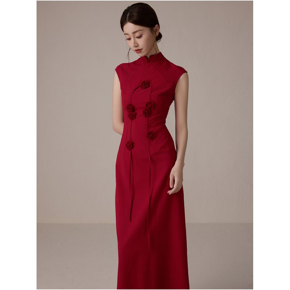 ONMOON Original New Chinese Red Flower Cheongsam Dress 2025 New Chinese Style Pan Button Toast Dress image 1
