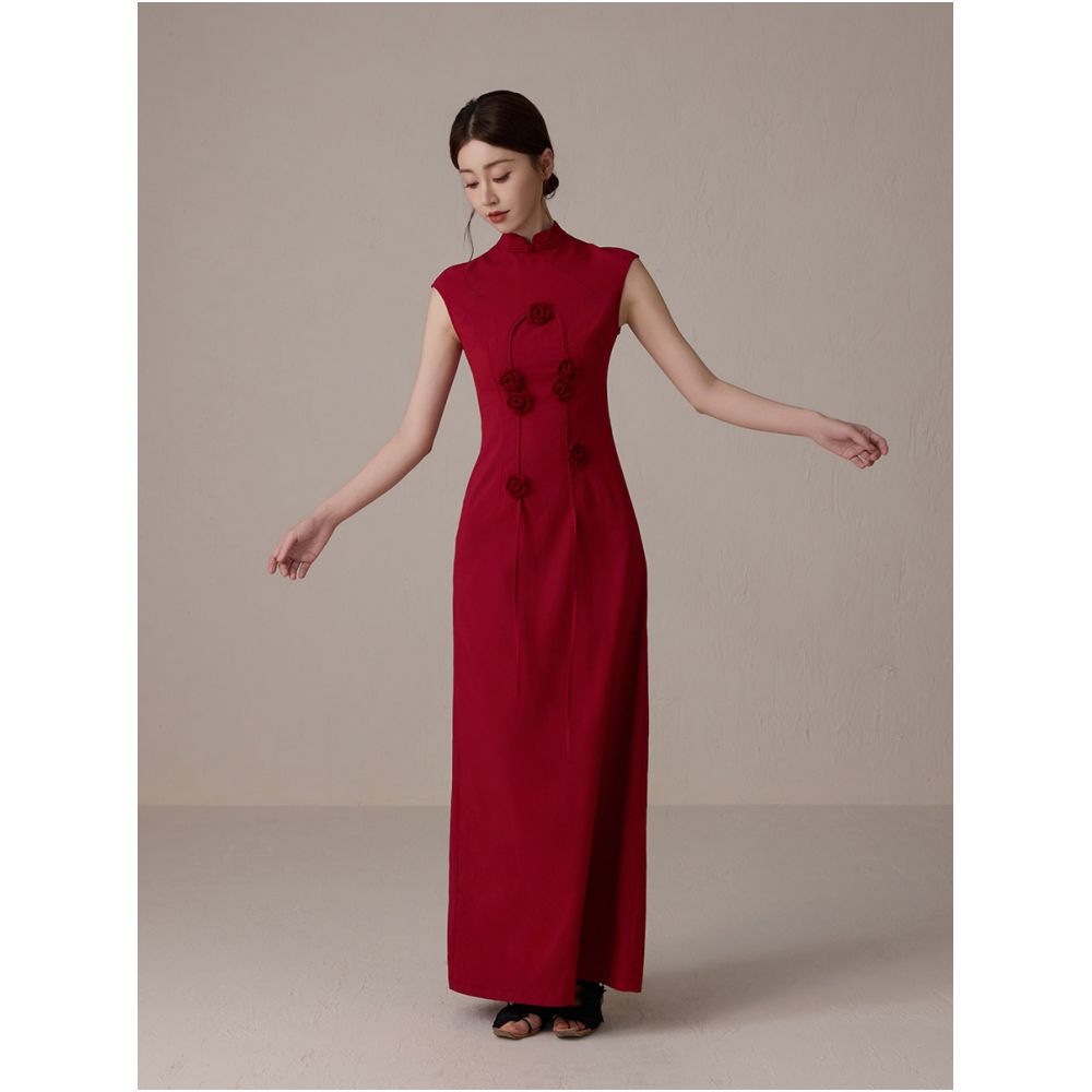 ONMOON Original New Chinese Red Flower Cheongsam Dress 2025 New Chinese Style Pan Button Toast Dress image 2