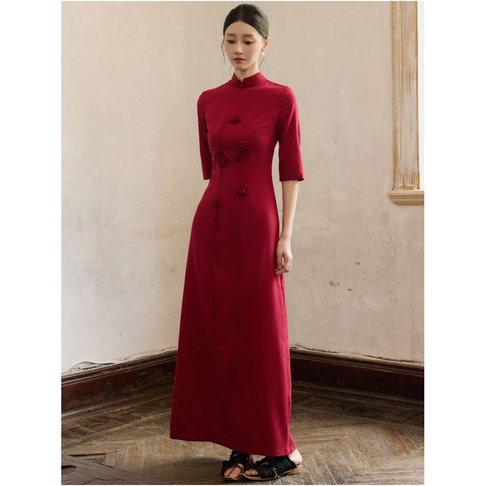 ONMOON Red Flower Five Sleeve Cheongsam Dress 2025 Autumn Edition New Chinese Toast Dress for Children image 1