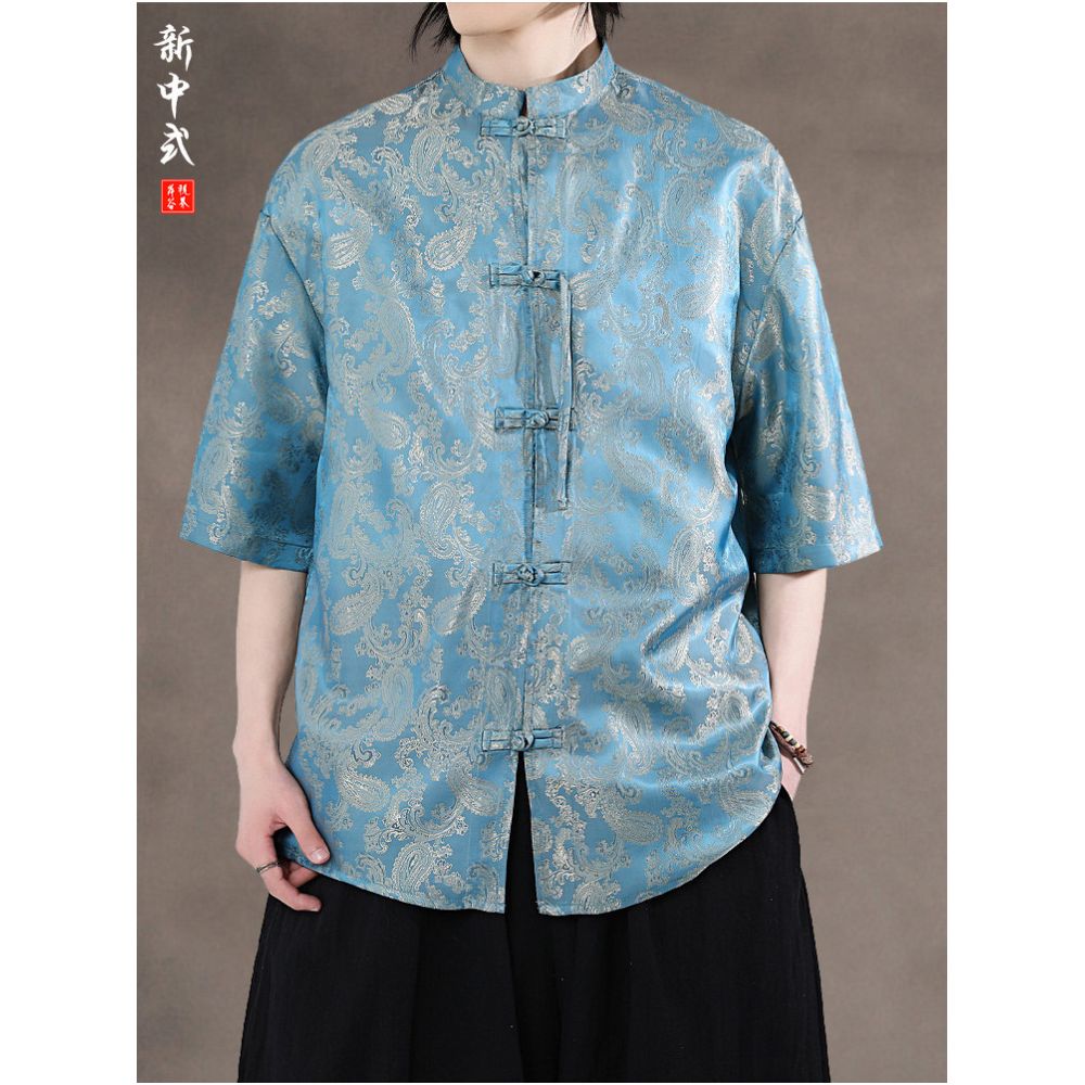 Chinese style summer thin Tang style shirt Chinese retro buckle round neck Zhongshan suit half sleeved casual printed tea suit image 0