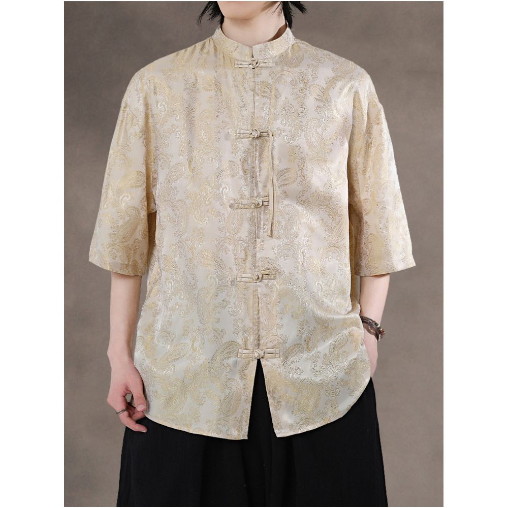 Chinese style summer thin Tang style shirt Chinese retro buckle round neck Zhongshan suit half sleeved casual printed tea suit image 1