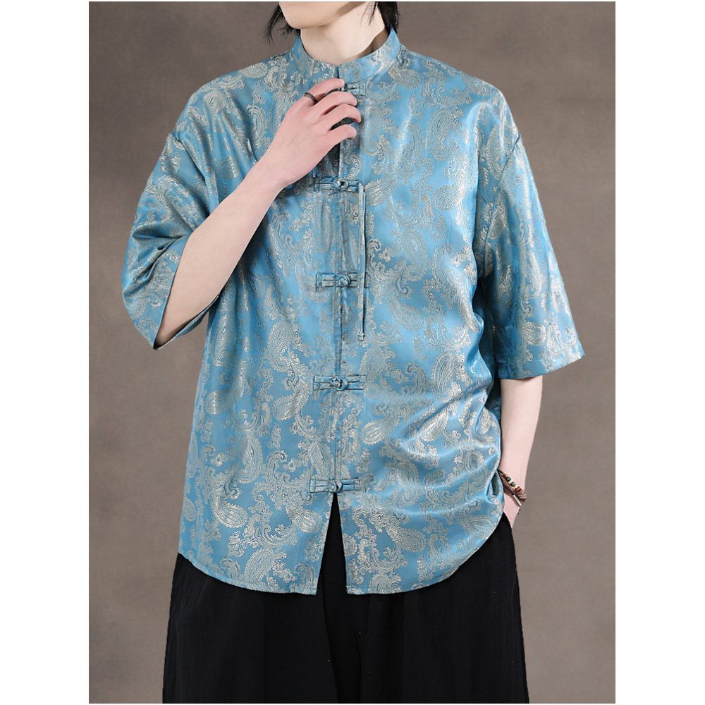Chinese style summer thin Tang style shirt Chinese retro buckle round neck Zhongshan suit half sleeved casual printed tea suit image 2