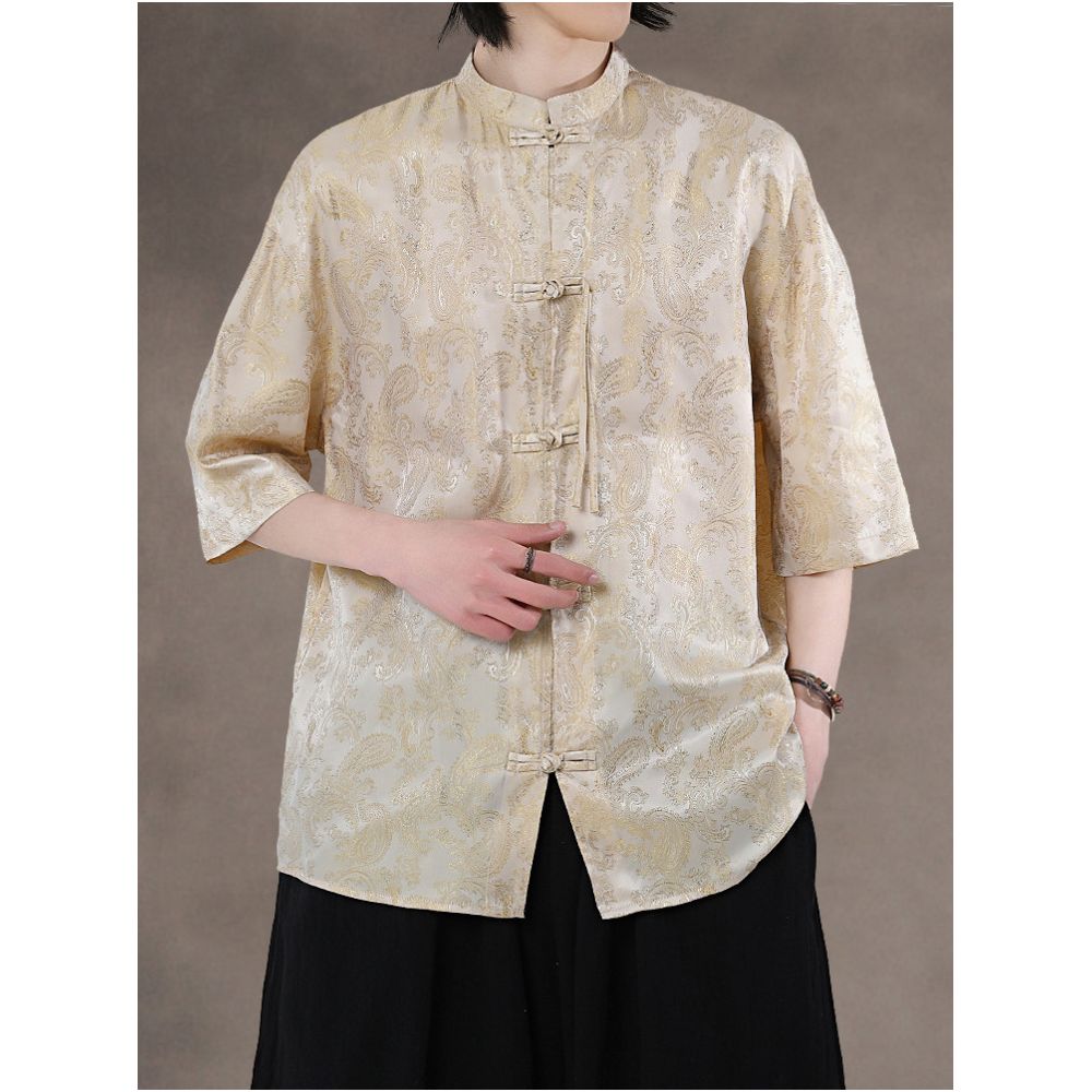 Chinese style summer thin Tang style shirt Chinese retro buckle round neck Zhongshan suit half sleeved casual printed tea suit image 3