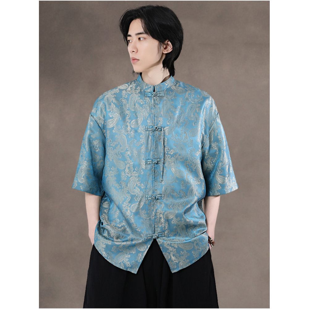Chinese style summer thin Tang style shirt Chinese retro buckle round neck Zhongshan suit half sleeved casual printed tea suit image 4