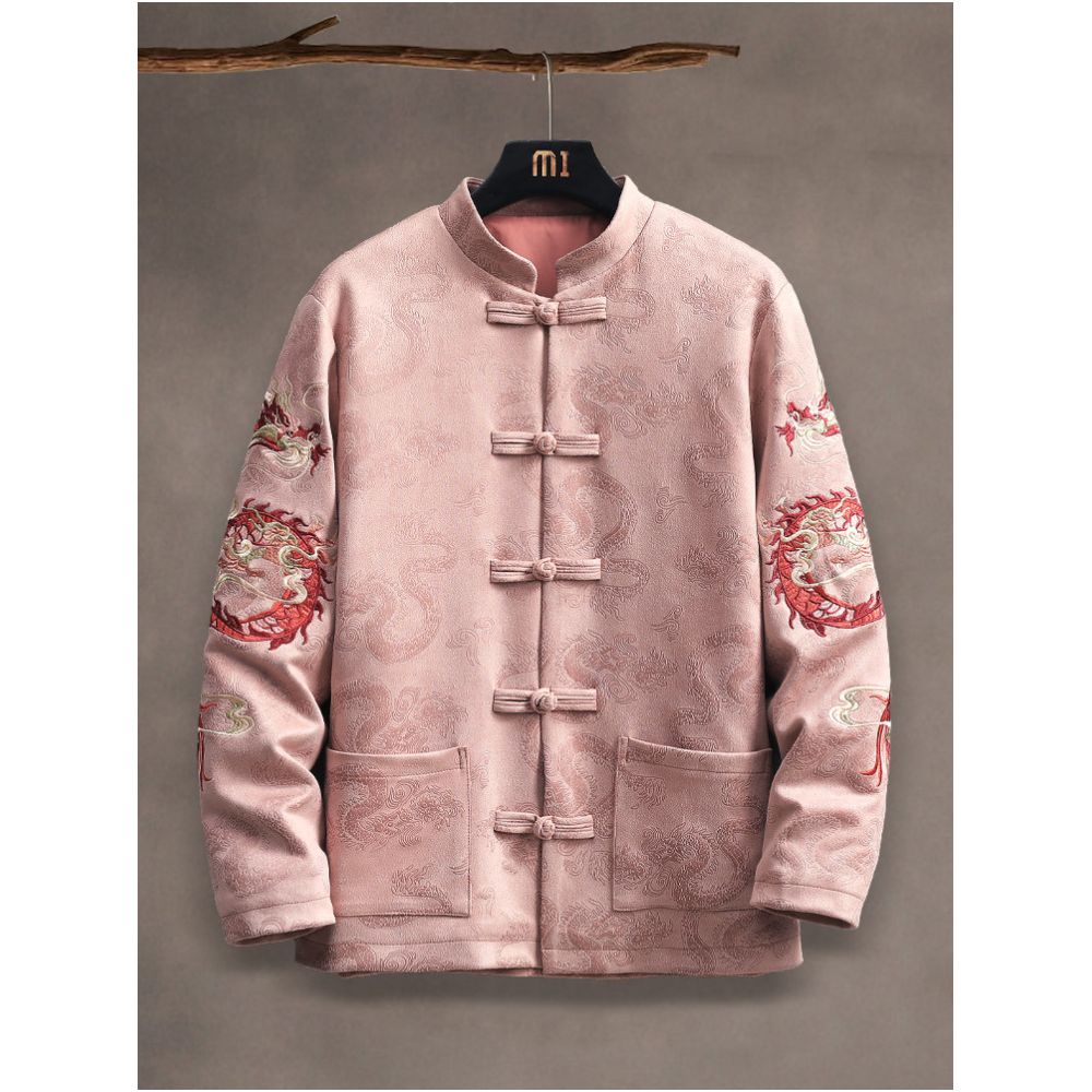 New Chinese style autumn and winter suede embroidered dragon pattern Tang style men s jacket with Chinese style buckle round neck Zhongshan suit jacket image 1