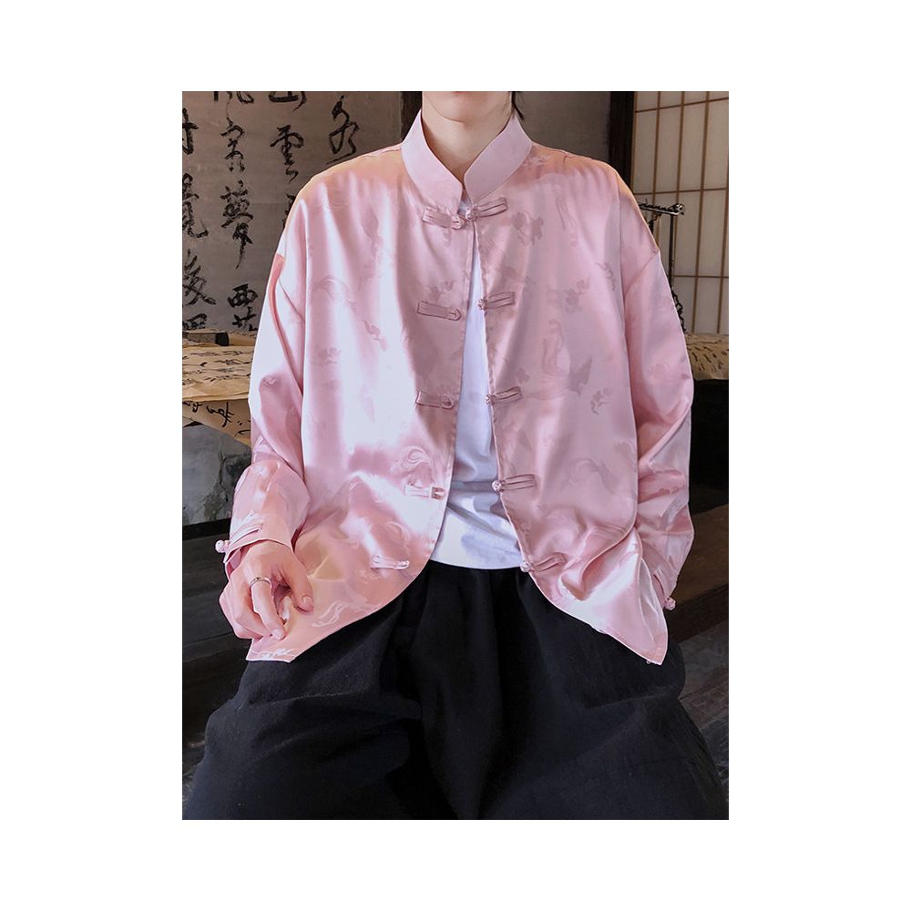 Pink satin ice silk shirt men s long sleeved new Chinese style jacquard Tang style loose couple casual top image 1