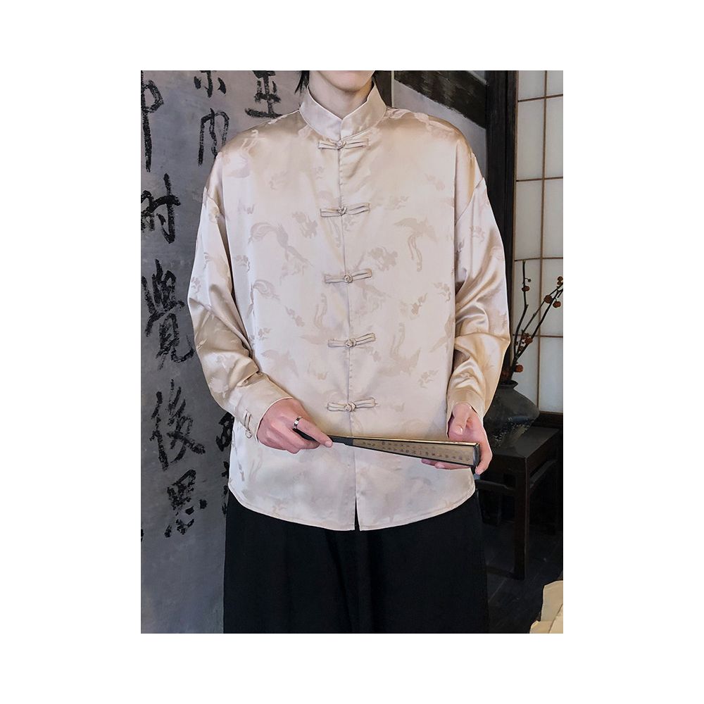 Pink satin ice silk shirt men s long sleeved new Chinese style jacquard Tang style loose couple casual top image 3