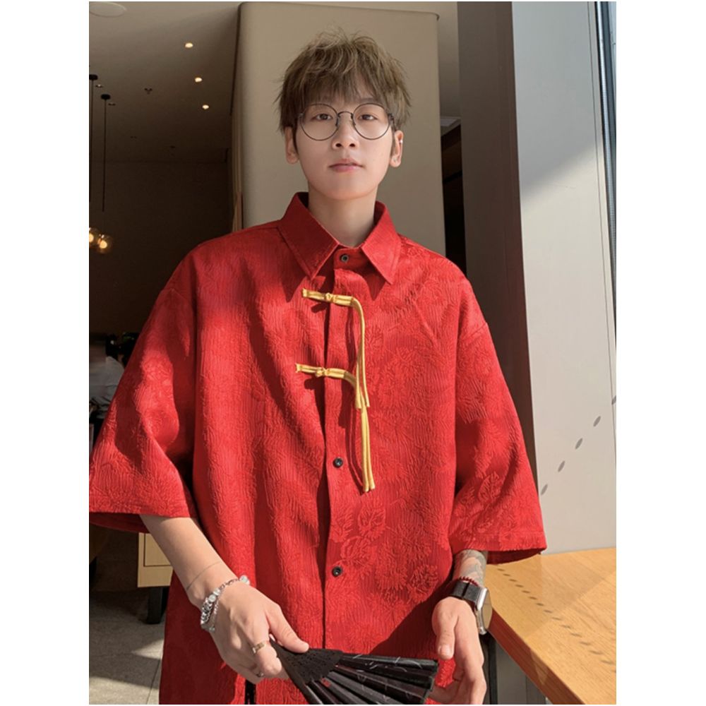 Youth trend new Chinese Tang style men s Chinese style jacquard red short sleeved shirt design sense niche loose jacket image 0