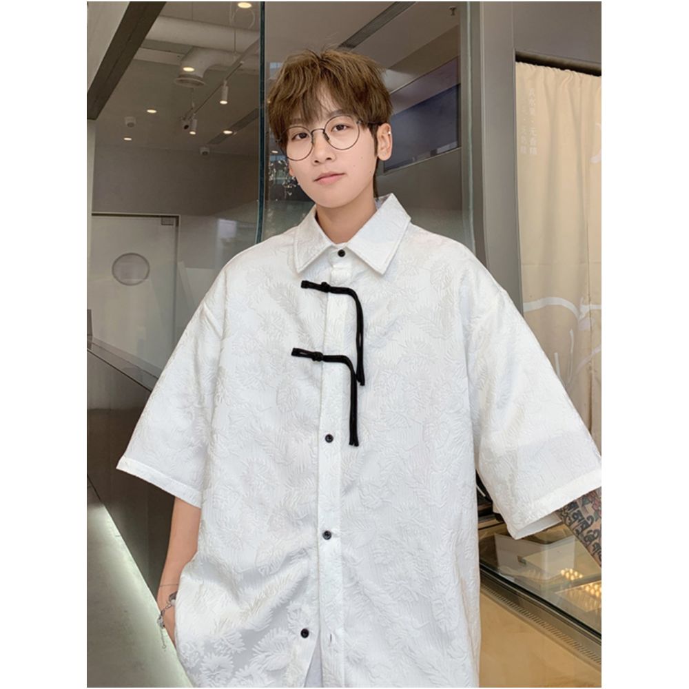 Youth trend new Chinese Tang style men s Chinese style jacquard red short sleeved shirt design sense niche loose jacket image 1