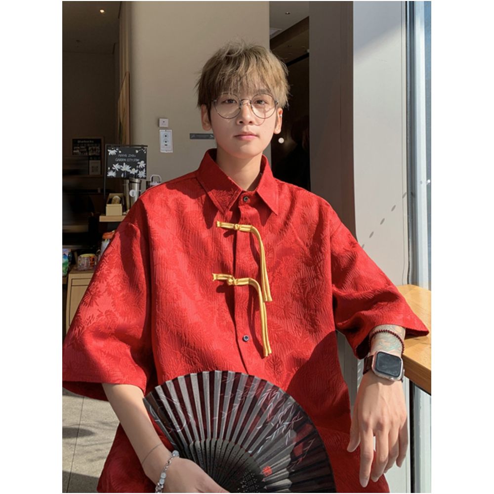 Youth trend new Chinese Tang style men s Chinese style jacquard red short sleeved shirt design sense niche loose jacket image 3