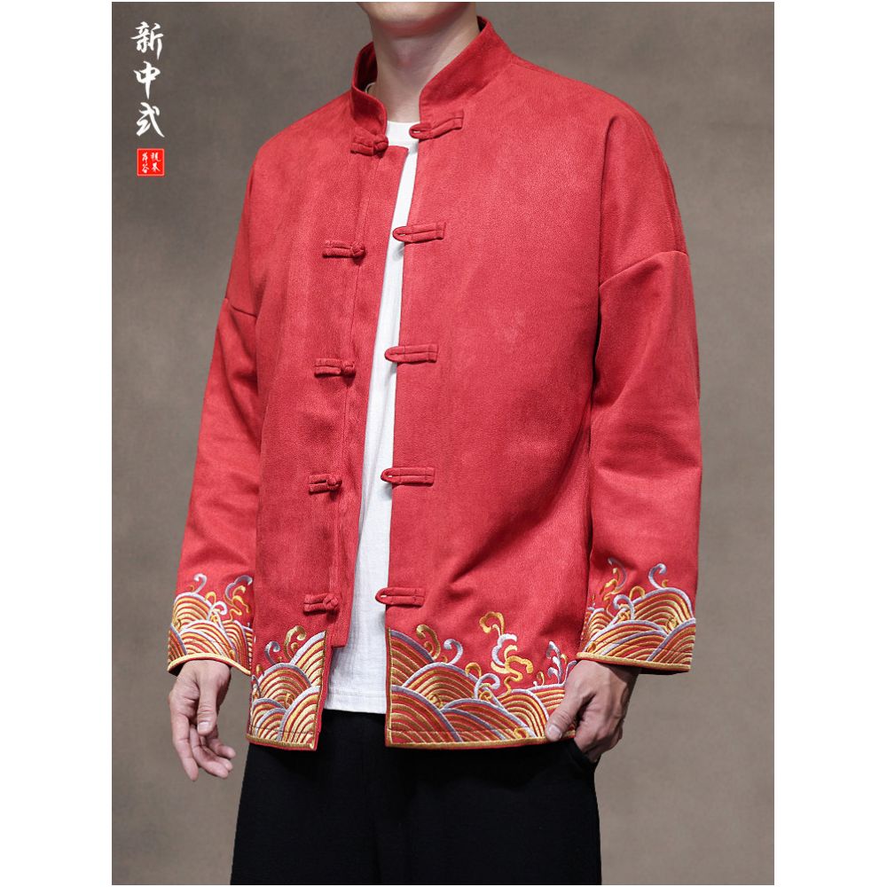 New Chinese style autumn and winter casual embroidered Tang suit jacket loose oversized suede with buckle Zhongshan suit men s tea jacket image 0
