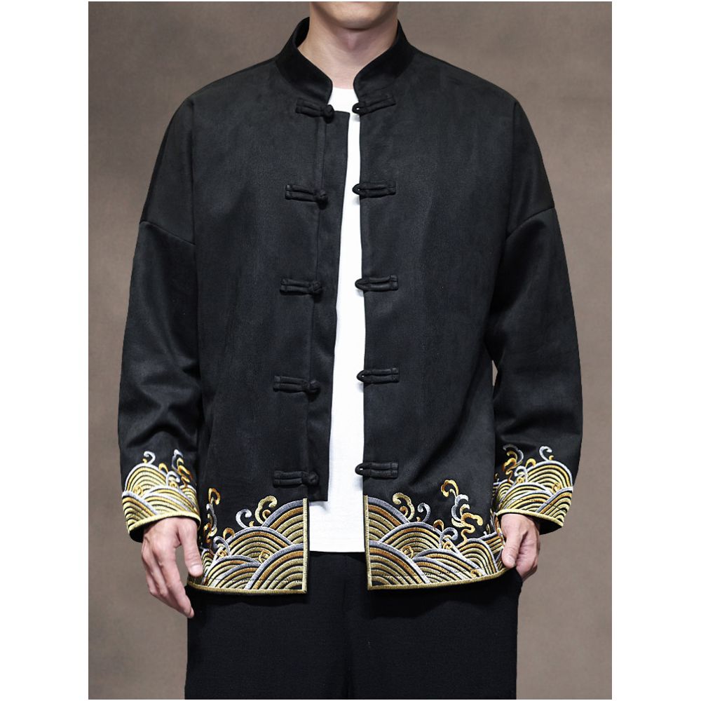 New Chinese style autumn and winter casual embroidered Tang suit jacket loose oversized suede with buckle Zhongshan suit men s tea jacket image 1