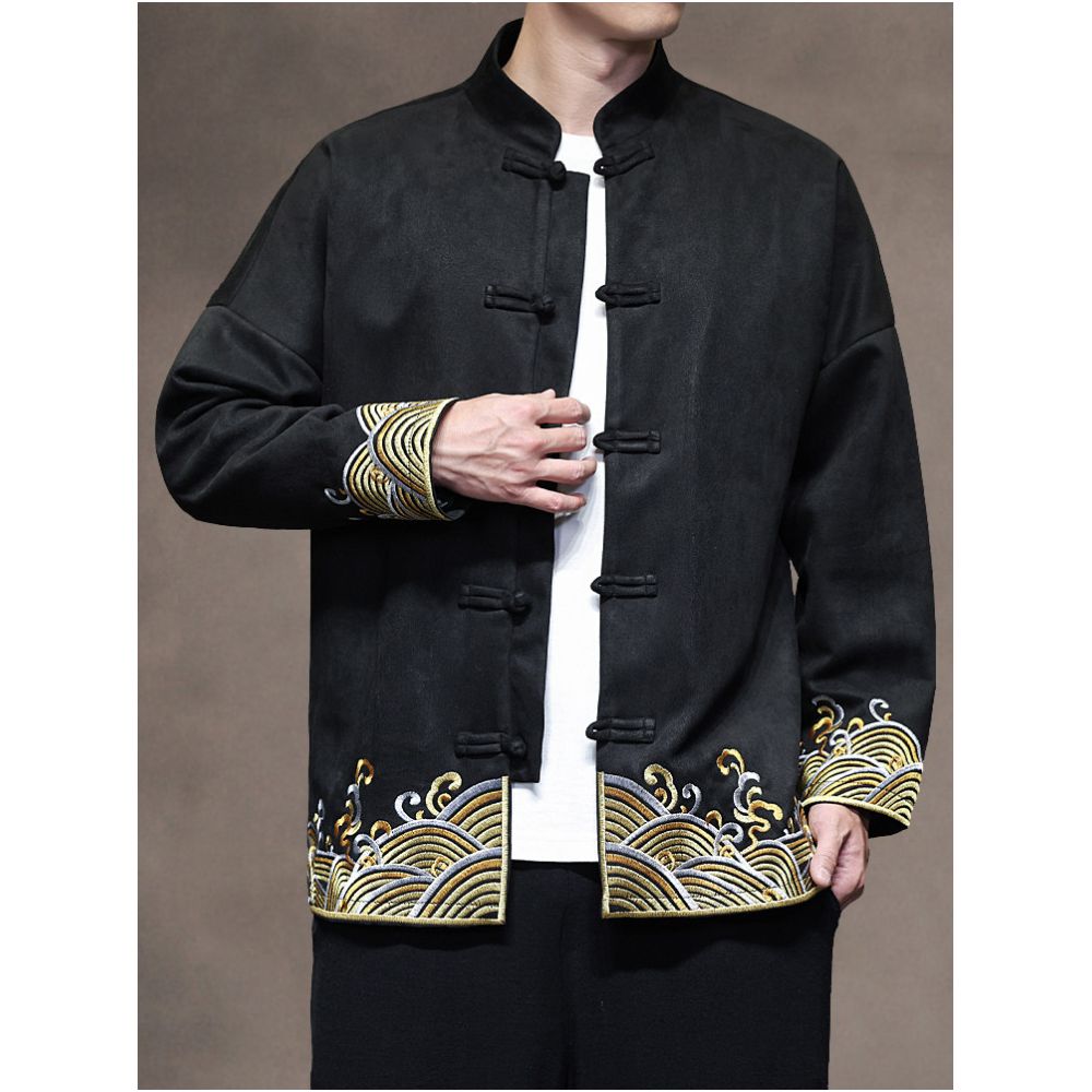 New Chinese style autumn and winter casual embroidered Tang suit jacket loose oversized suede with buckle Zhongshan suit men s tea jacket image 3