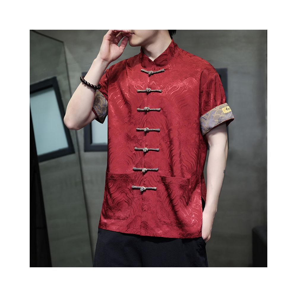 Chinese style retro button down short sleeved shirt summer thin embroidered casual top men s loose fit plus size stand up collar tea jacket image 2