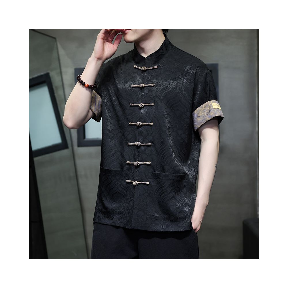 Chinese style retro button down short sleeved shirt summer thin embroidered casual top men s loose fit plus size stand up collar tea jacket image 3