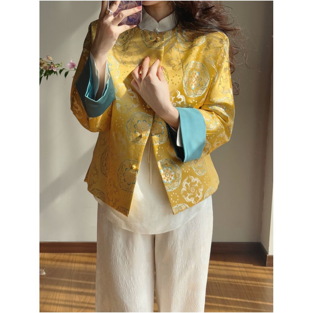 New Chinese style original design for spring and autumn 2025 new top for women new Song brocade jacquard round neck gold jacket image 0