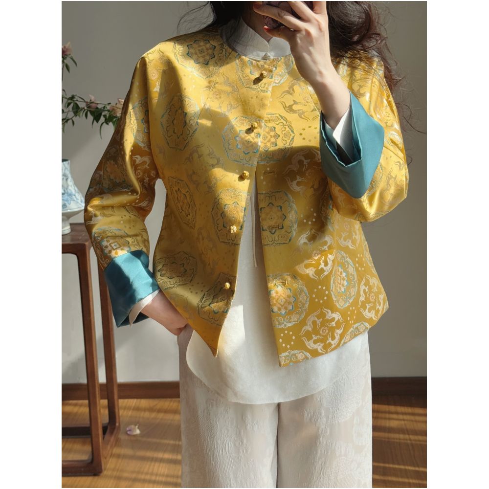 New Chinese style original design for spring and autumn 2025 new top for women new Song brocade jacquard round neck gold jacket image 1