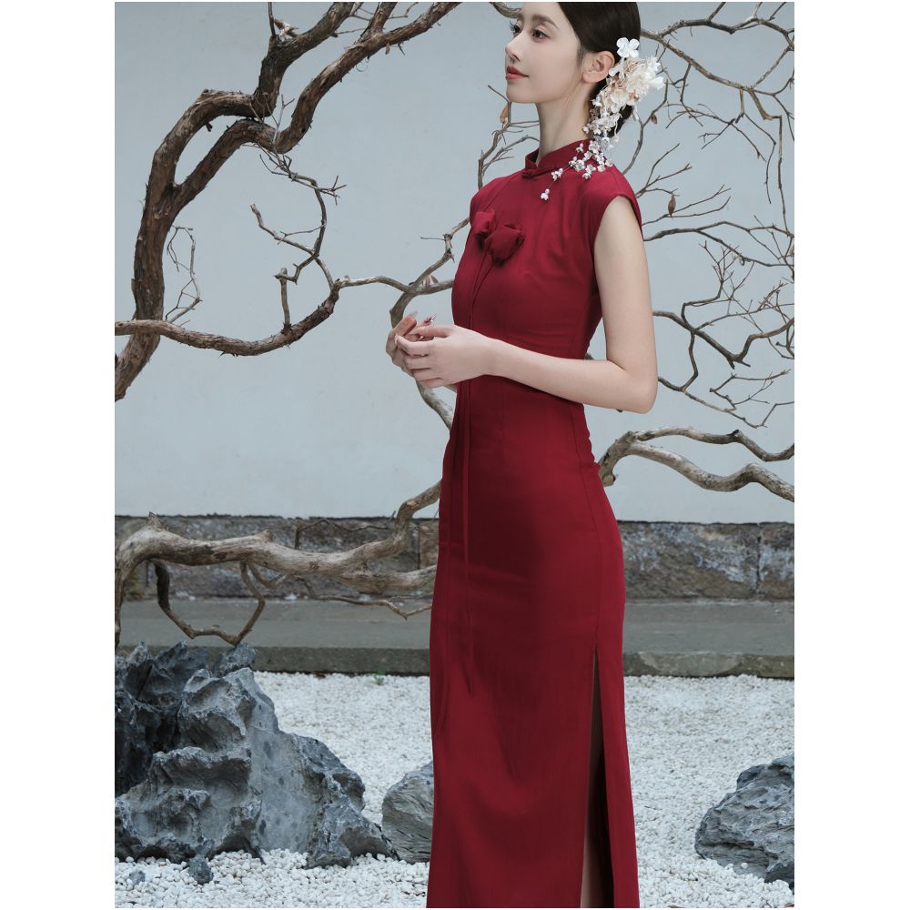 ONMOON New Chinese Style Flower Improved Cheongsam Red Tulip Dress Engagement Toast Dress Dress image 1