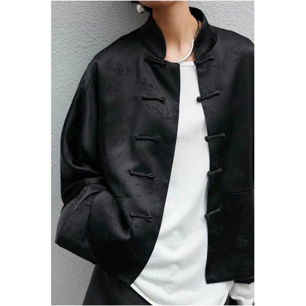 Spot Zen tea clothing with buckle top for women s high end feel This year s popular stand up collar Chinese style new Chinese black jacket image 0