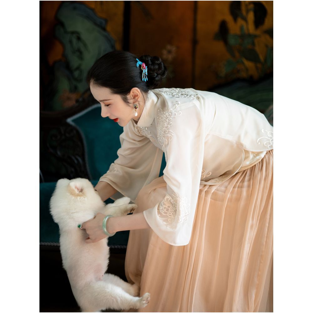 Chrysanthemum Hidden in the Breeze One City Wind Plush Summer style Chinese chiffon embroidered top Republic of China style small shirt young style daily wear image 0