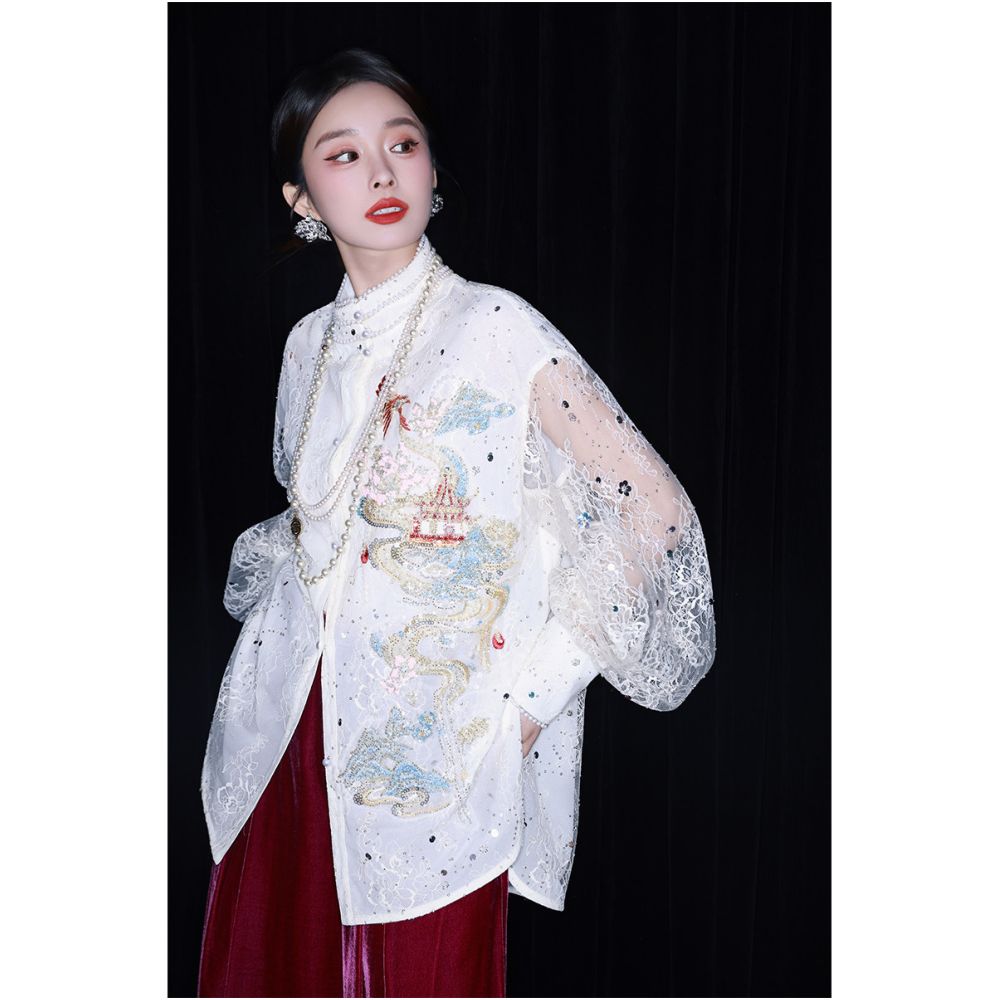 ASAYA5631 – Pearl Dragon Lace Blouse 🐉🤍