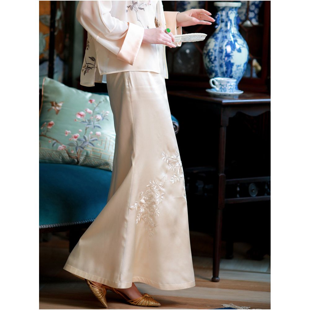 Moon Breeze City Breeze Spring and Summer Silk Embroidery China Chic New Chinese National Style Improved Fishtail Skirt image 0