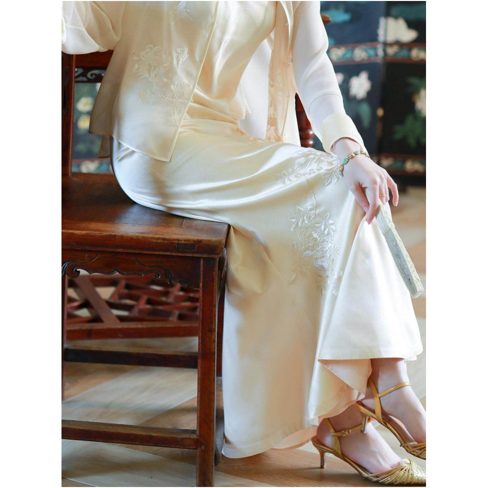 Moon Breeze City Breeze Spring and Summer Silk Embroidery China Chic New Chinese National Style Improved Fishtail Skirt image 1