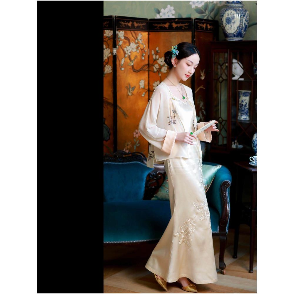 Moon Breeze City Breeze Spring and Summer Silk Embroidery China Chic New Chinese National Style Improved Fishtail Skirt image 2