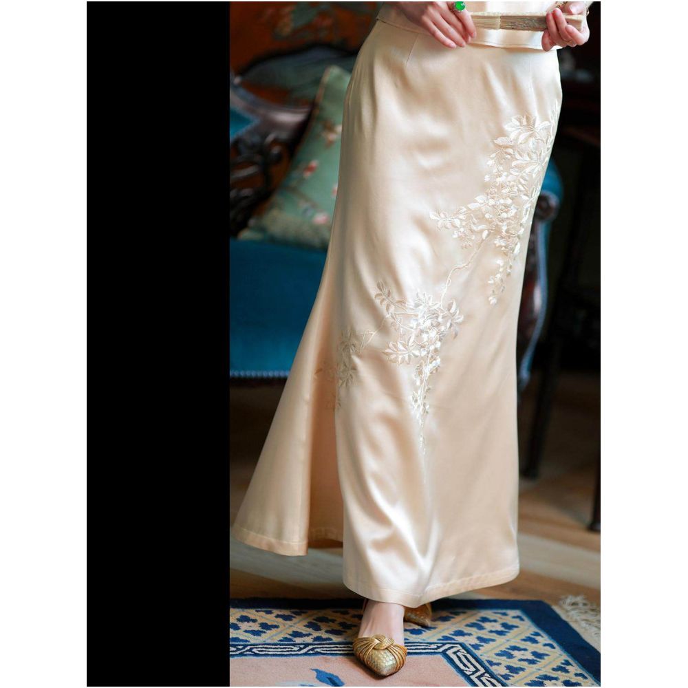 Moon Breeze City Breeze Spring and Summer Silk Embroidery China Chic New Chinese National Style Improved Fishtail Skirt image 3