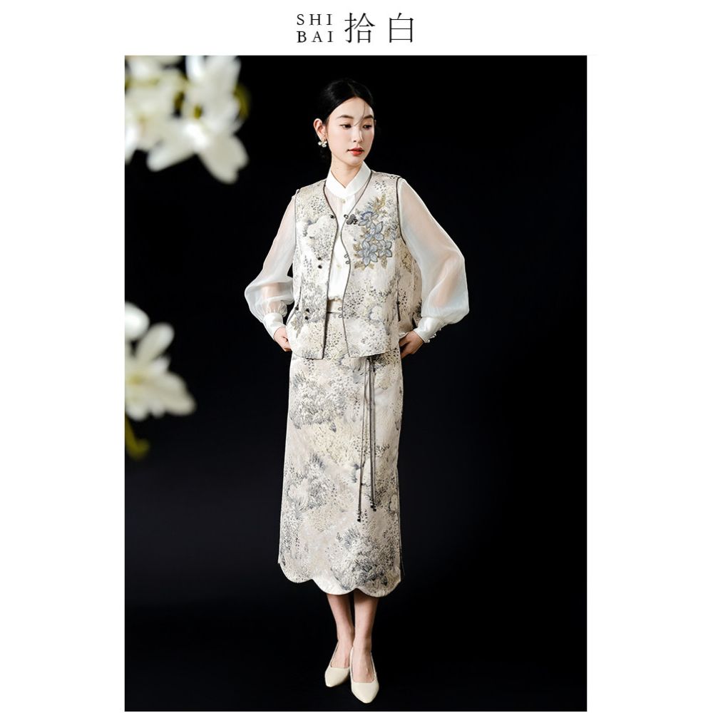 SHIBAI s collection of white oriental ink painting Chinese style high luxury and noble atmosphere new Chinese style layered sleeveless embroidery short vest image 3