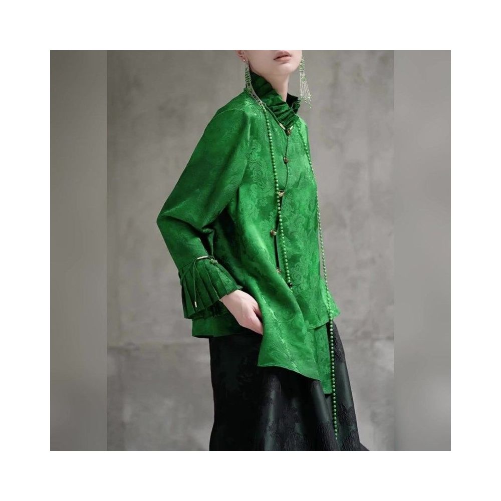 Autumn New Green New Chinese Retro Stand up Collar Long Sleeve Diagonal Collar Pan Buckle Chinese Style 2025 Fashion Beauty Top image 2
