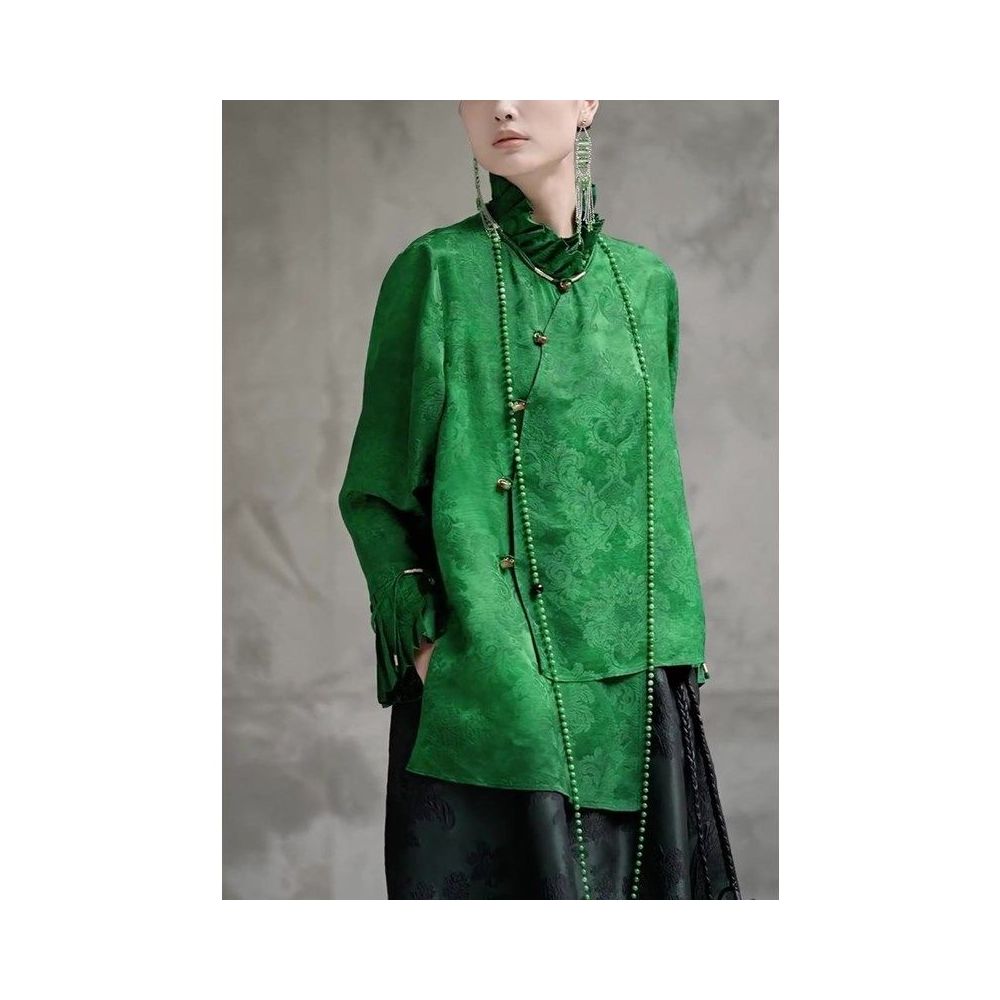 Autumn New Green New Chinese Retro Stand up Collar Long Sleeve Diagonal Collar Pan Buckle Chinese Style 2025 Fashion Beauty Top image 3