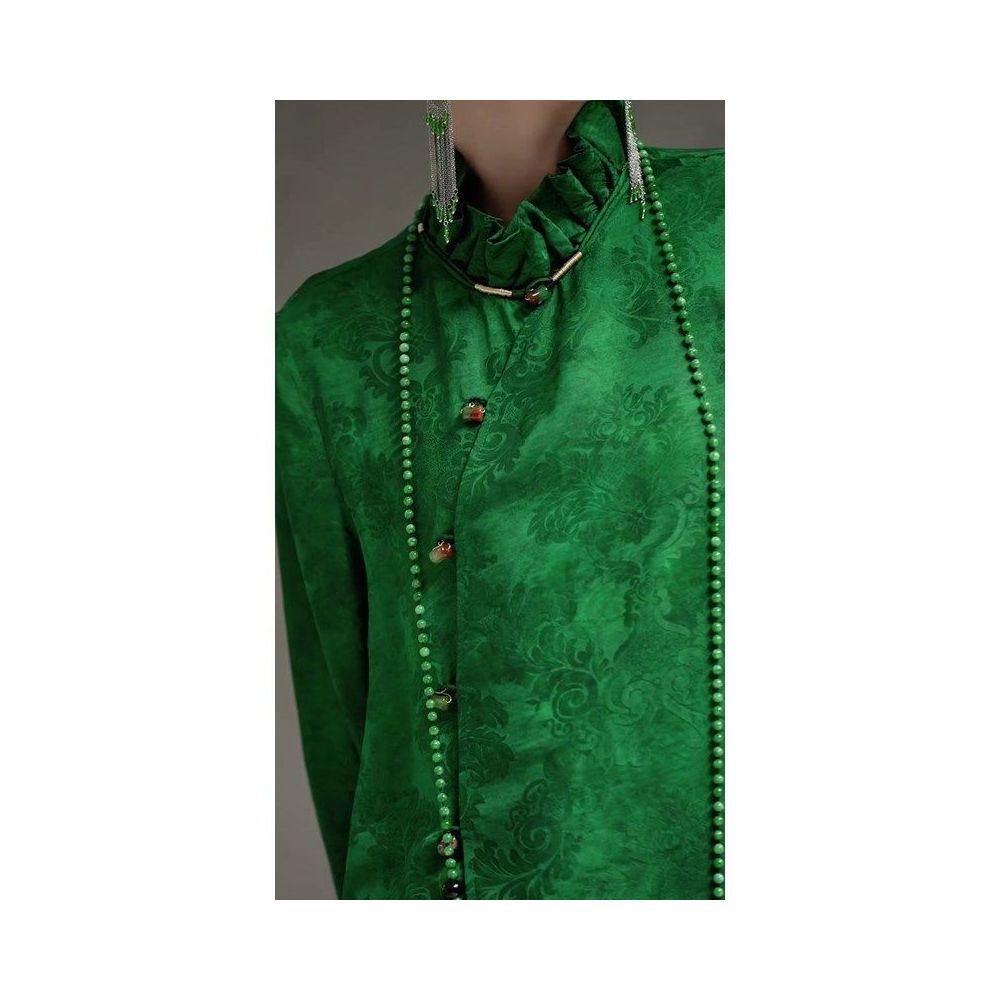 Autumn New Green New Chinese Retro Stand up Collar Long Sleeve Diagonal Collar Pan Buckle Chinese Style 2025 Fashion Beauty Top image 5