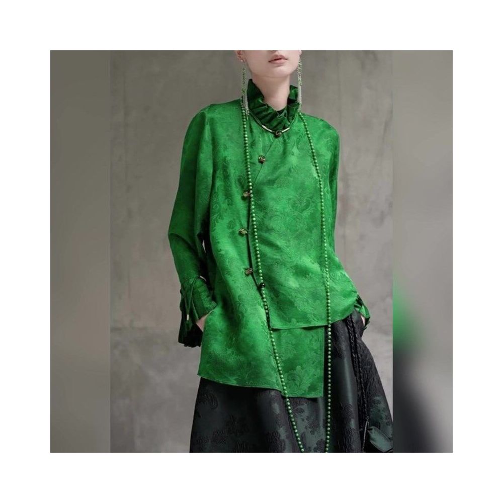 Autumn New Green New Chinese Retro Stand up Collar Long Sleeve Diagonal Collar Pan Buckle Chinese Style 2025 Fashion Beauty Top image 0