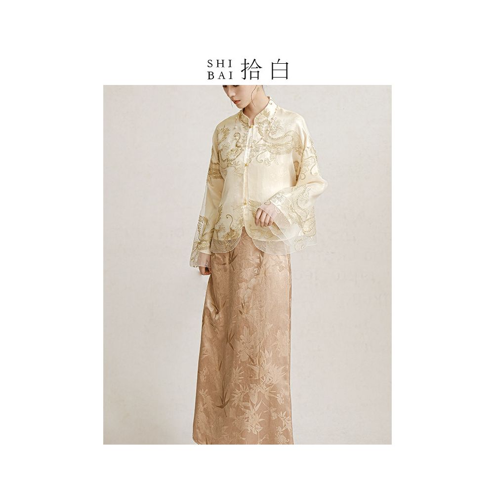 SHIBAI White Original Innovative Chinese Coat 2025 Spring and Autumn New Heavy Industry Dragon Pattern Embroidery Improved Pan Button Top image 4