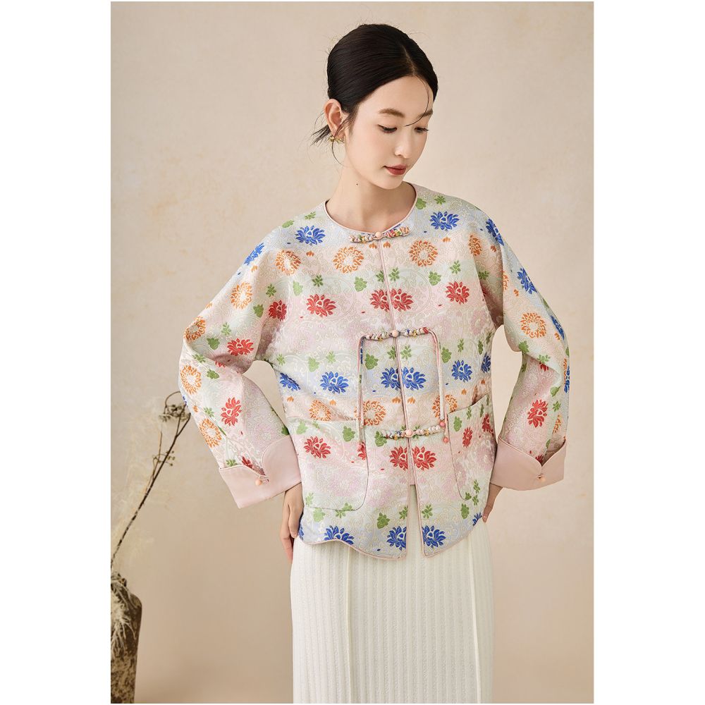SHIBAI picked up white entwined lotus imitating Song Jinxin Chinese style buttoned jacquard jacket improved Tang style women s top image 2