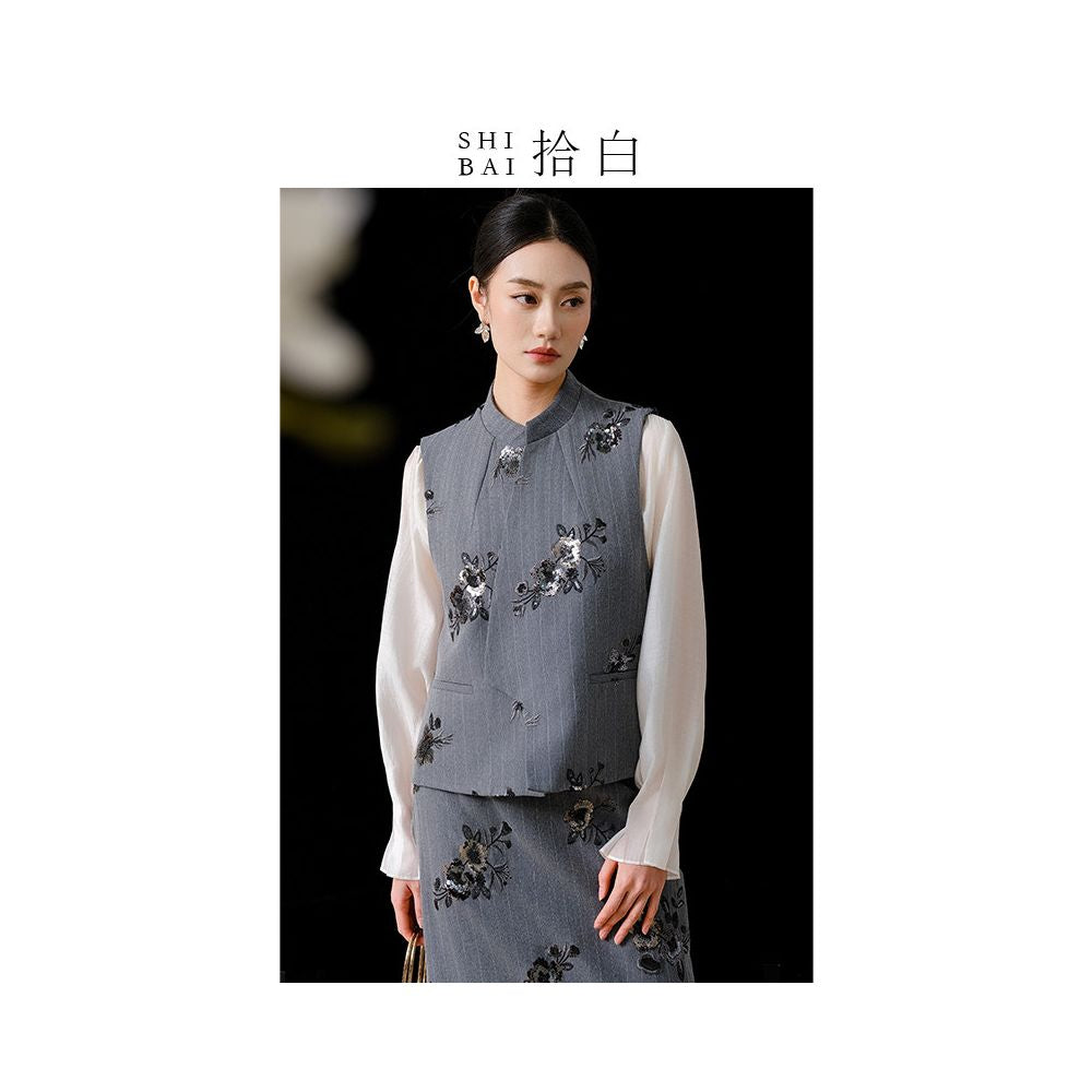 SHIBAI Shibaiyuan Innovative Chinese Set with Chinese Style Heavy Industry Embroidery Retro Fashion Commuter Daily Vest Half Skirt image 1