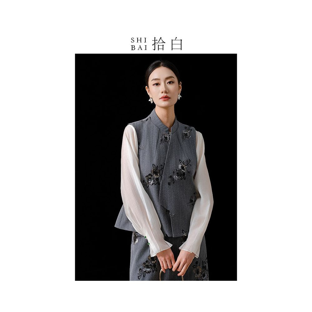 SHIBAI Shibaiyuan Innovative Chinese Set with Chinese Style Heavy Industry Embroidery Retro Fashion Commuter Daily Vest Half Skirt image 4