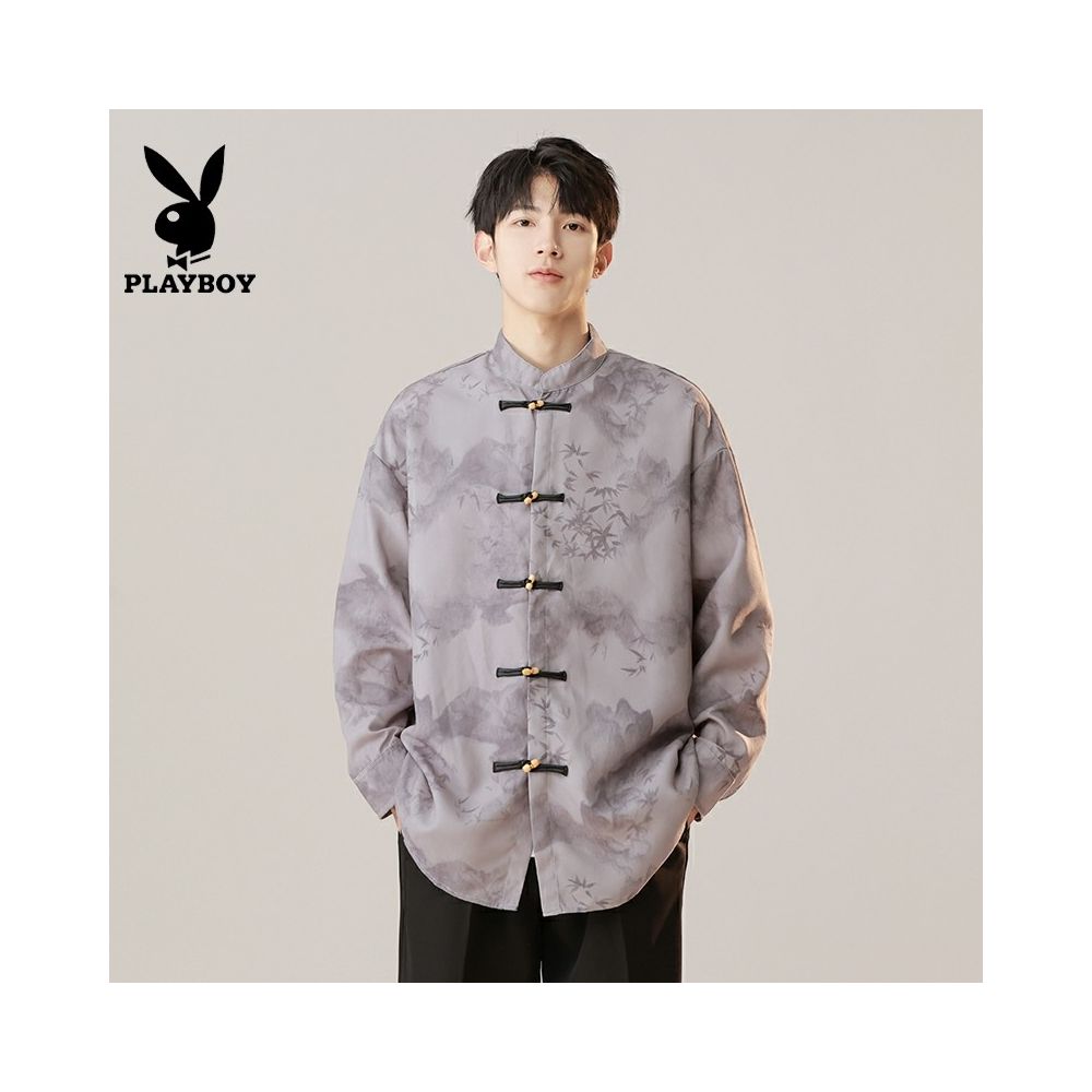 Playboy New Chinese Ink Printing and Dyeing Pan Button Shirt for Men with a Small Design Sense Tang Costume Hanfu Stand up Collar Zhongshan suit image 0