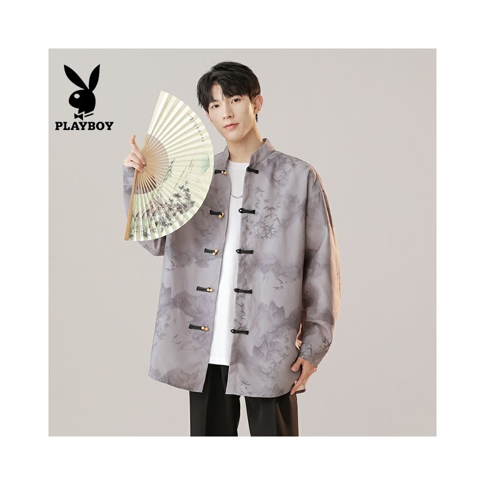 Playboy New Chinese Ink Printing and Dyeing Pan Button Shirt for Men with a Small Design Sense Tang Costume Hanfu Stand up Collar Zhongshan suit image 1