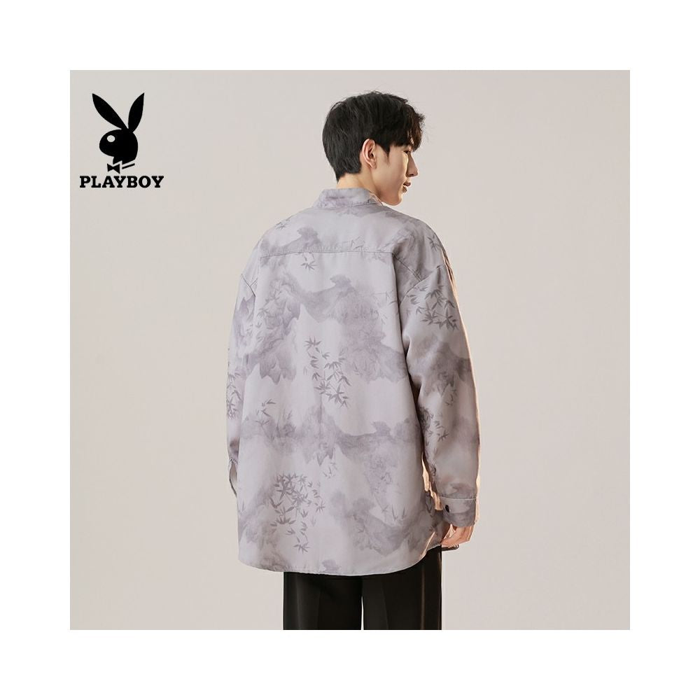 Playboy New Chinese Ink Printing and Dyeing Pan Button Shirt for Men with a Small Design Sense Tang Costume Hanfu Stand up Collar Zhongshan suit image 2