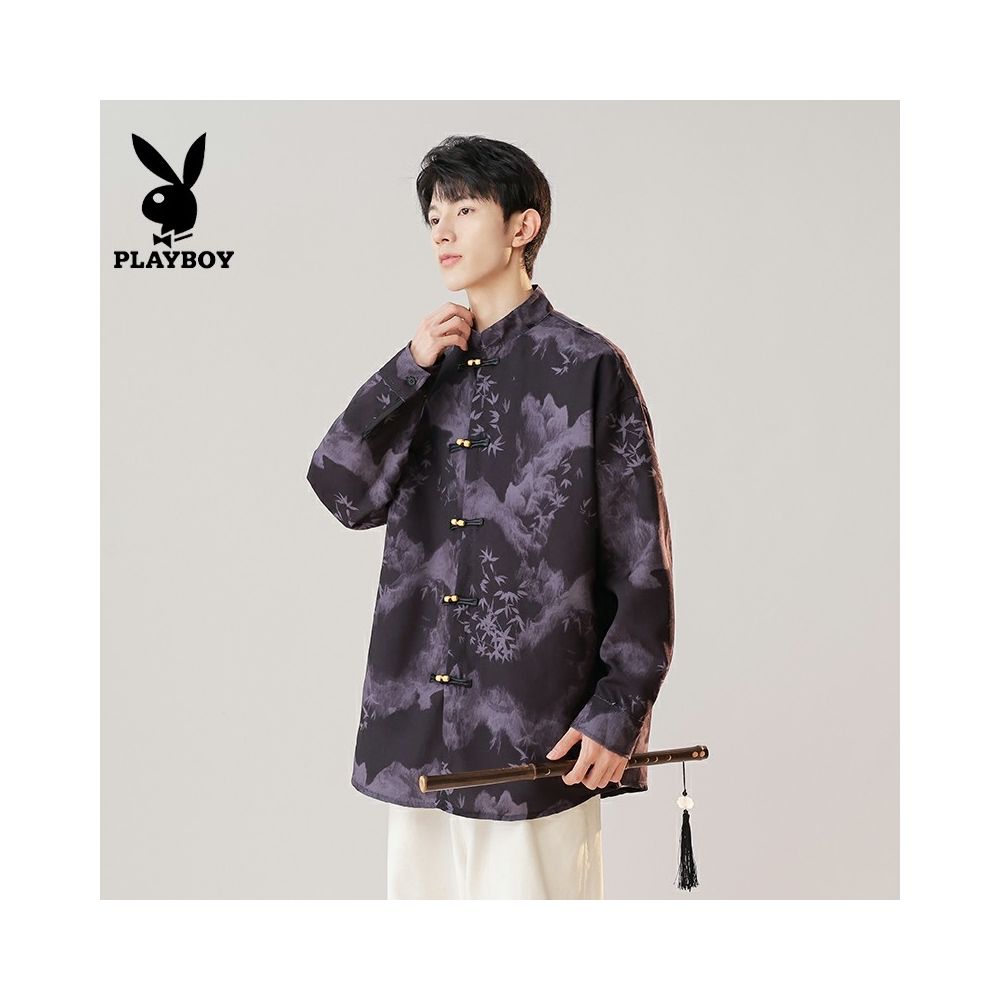 Playboy New Chinese Ink Printing and Dyeing Pan Button Shirt for Men with a Small Design Sense Tang Costume Hanfu Stand up Collar Zhongshan suit image 3
