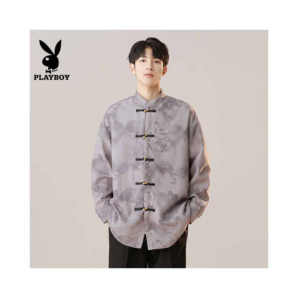 ASAYAHOMME1579 – Ink Mist Mandarin Shirt 🌫️🖤