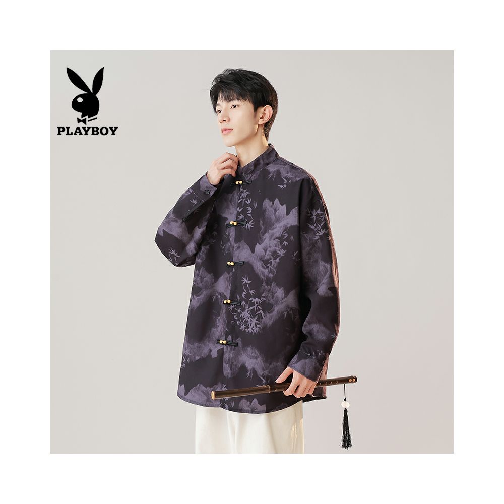 ASAYAHOMME1579 – Ink Mist Mandarin Shirt 🌫️🖤