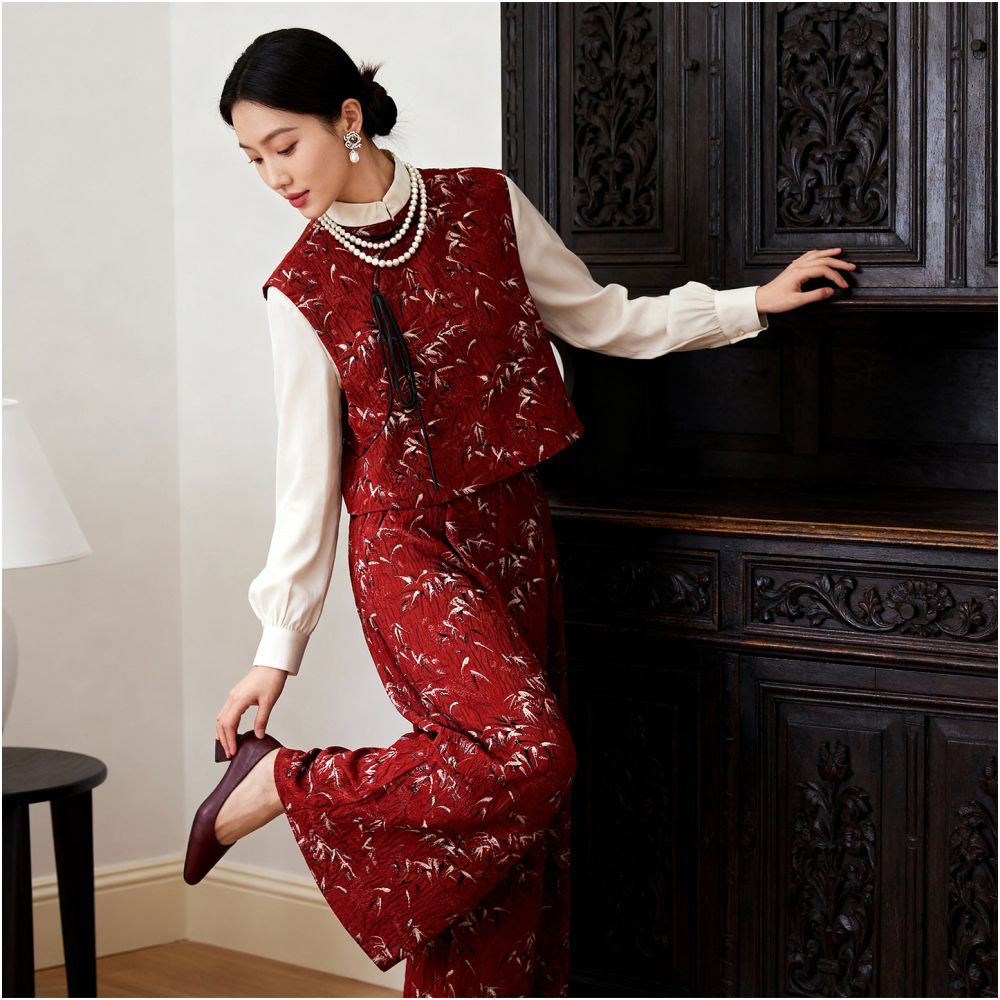 Red retro jacquard new Chinese style vest women s autumn and winter versatile outerwear with tie up super beautiful light Chinese style short top image 1
