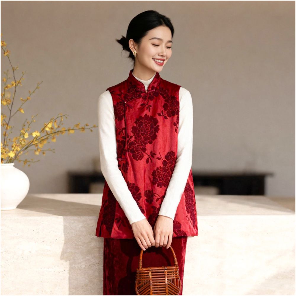 Red modified Zhangrong jacquard new Chinese style vest women s standing collar unique slanted collar jade buckle light Chinese style top image 1